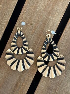 Gold and Black Raffia Fan Drop Earrings